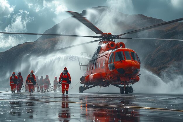 Photo firefighters extinguish helicopter fire on oil platform helipad in sunny weather side view