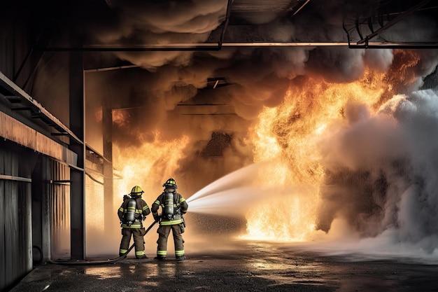 Firefighters extinguishing an industrial site fighting with fire concept Generative AI