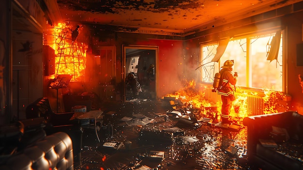 Firefighters fighting a fire in a burning house