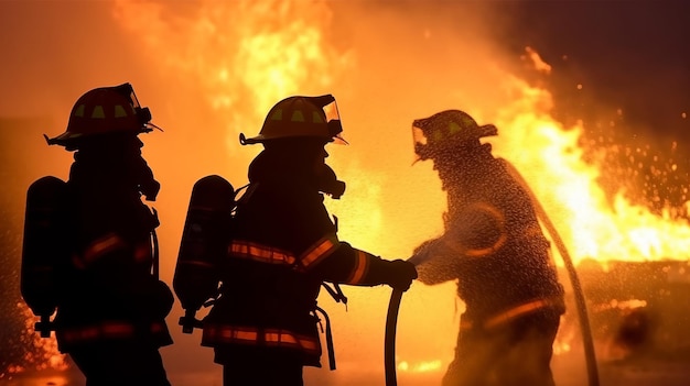 Firefighters fighting a fire at night Firefighters fighting a fire