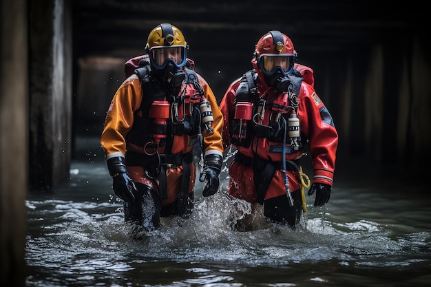 Firefighters in a fire suit on duty on the water Generative AI