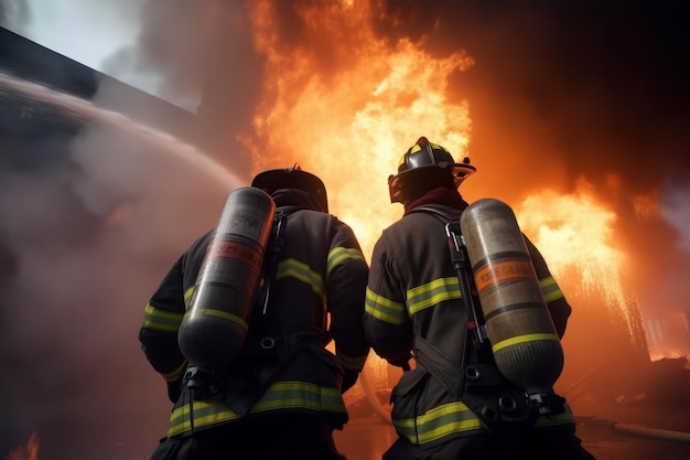 Firefighters Fireman spraying high pressure water or suitable extinguishing agents to fire put out the fire with water ai generative