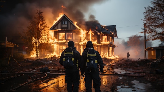 a firefighters at the location of a house fire