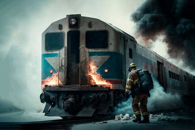 Firefighters put out burning train Generative Ai