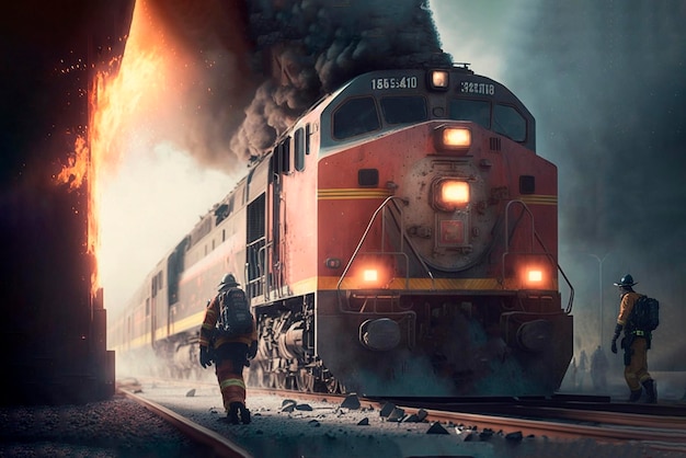 Firefighters put out burning train Generative Ai