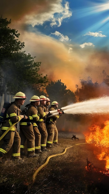 Firefighters spray water to wildfire