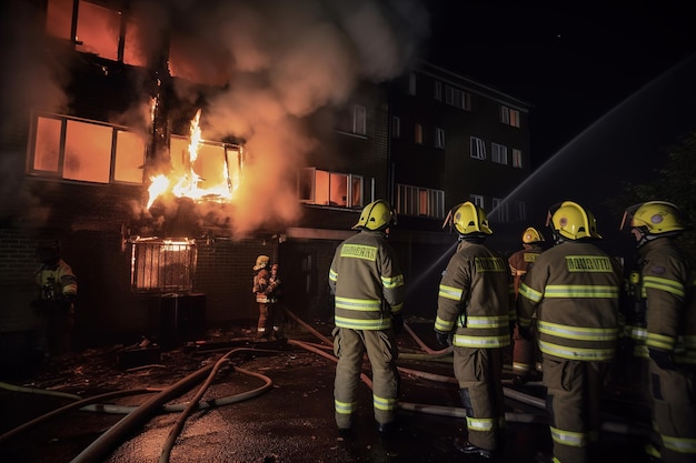 Firefighters spraying down fire generative ai