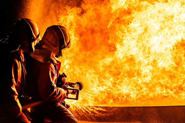 Firefighters spraying down flame at night