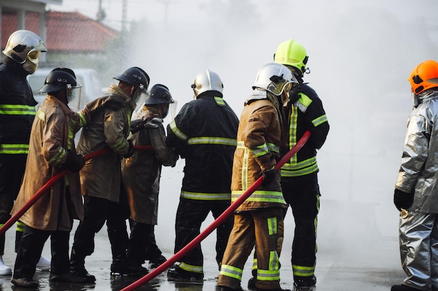 Firefighters using Twirl water fog type fire extinguisher to fighting with the fire flame from oil to control fire not to spreading out Firefighter and industrial safety concept