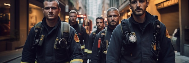 firefighters walk down a street in a city.