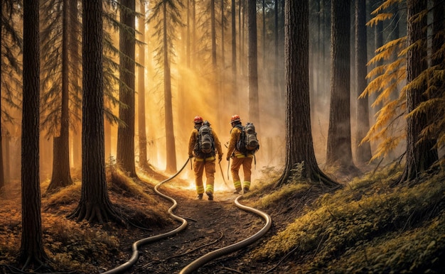 Firefighters walking through a forest with a hose