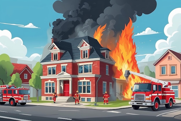 Firefighters with engine fire truck extinguish civil house in town Natural Disaster concept cartoon