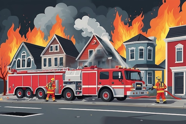 Firefighters with engine fire truck extinguish civil house in town Natural Disaster concept cartoon