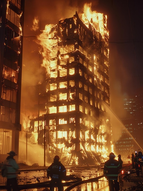 Photo firefighters work diligently to extinguish a massive blaze engulfing a multistory building surrounded by flames and burning structures generative ai