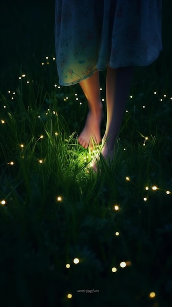 The fireflies are glowing in the grass.