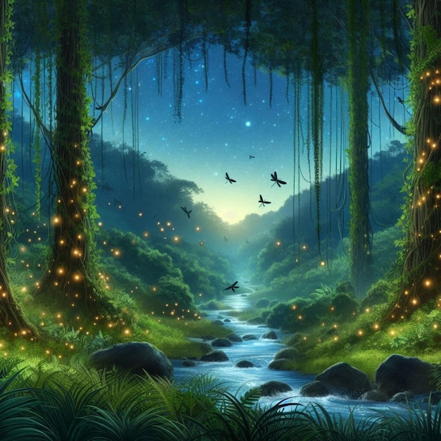 Fireflies Dance by the Forest Stream