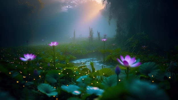 Fireflies in a forest with a pond in the background