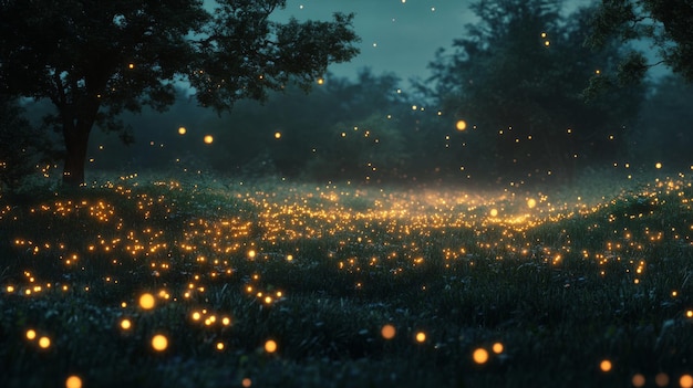 Photo fireflies glowing in a nighttime forest clearing