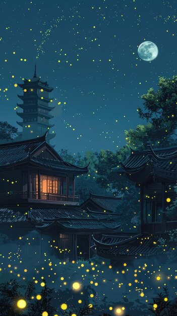 Fireflies illuminate a traditional Chinese village under a starry sky