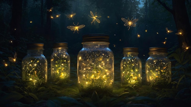 Fireflies in jars on a mystical night