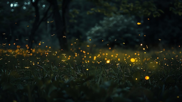 Photo fireflies light up the night in a dark forest