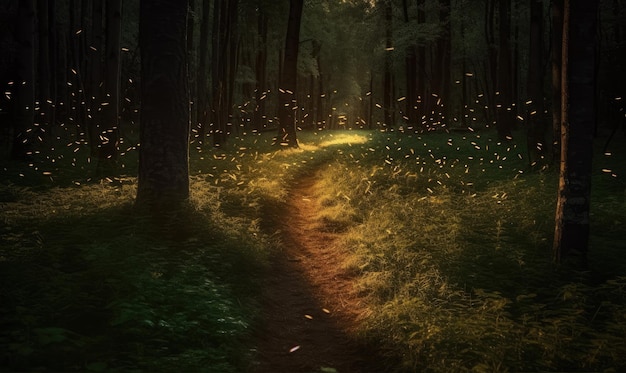 Fireflies light up the way along the forest path Creating using generative AI tools