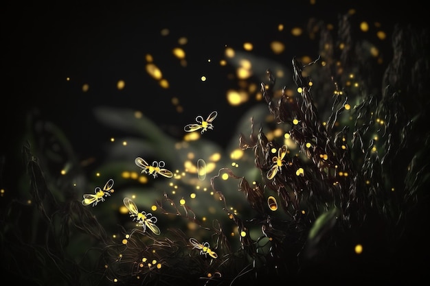 Fireflies in the night magical background