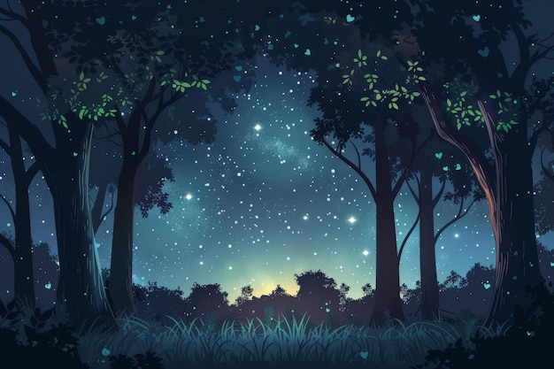 Fireflies and stars illuminate the serene forest