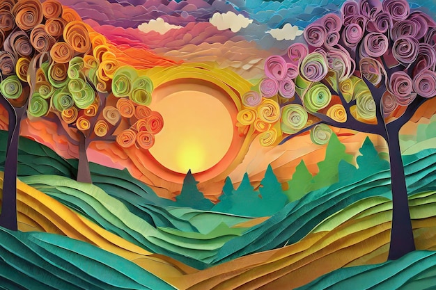 Firefly Colorful dreamscape with trees and a sunset all made of paper cutouts 989728