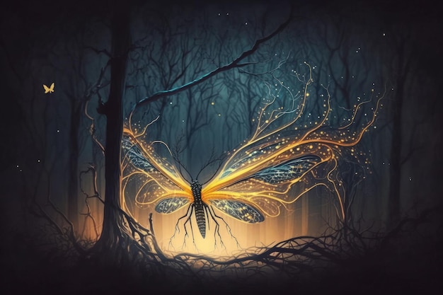 Firefly flying in the night woodland in an ethereal abstract image Fairy tale idea