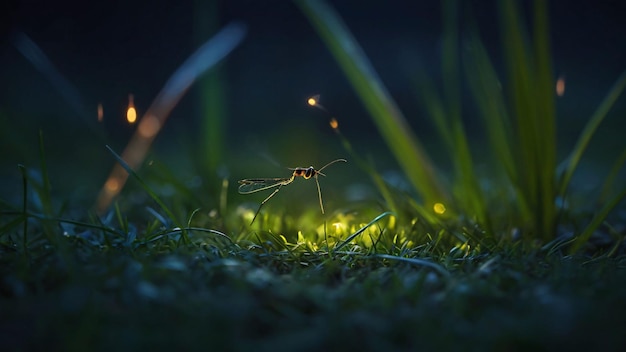 Photo firefly glowing on a dark meadow