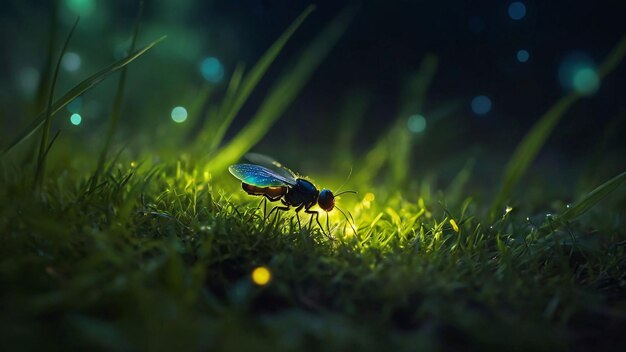 Photo firefly glowing on a grassy field at night