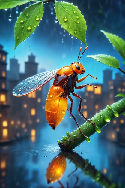 A firefly is sitting on a tree branch