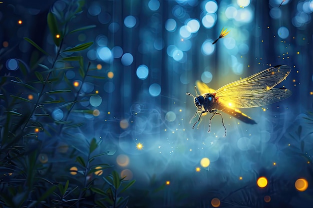 Photo firefly in night forest abstract magical fairy tale concept