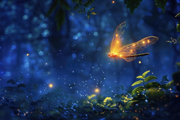 Photo firefly in night forest abstract magical fairy tale concept