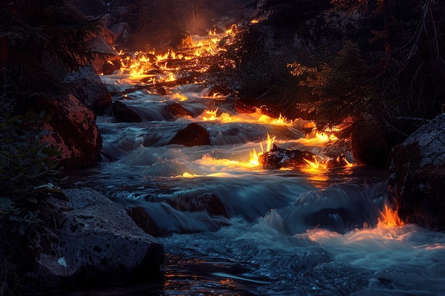 Firelight dances on the tranquil waters of a mount generative ai