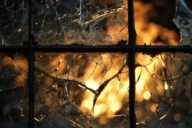 Photo firelight reflecting through a shattered window pane in an abandoned building flames reflecting off the shattered glass of a broken window