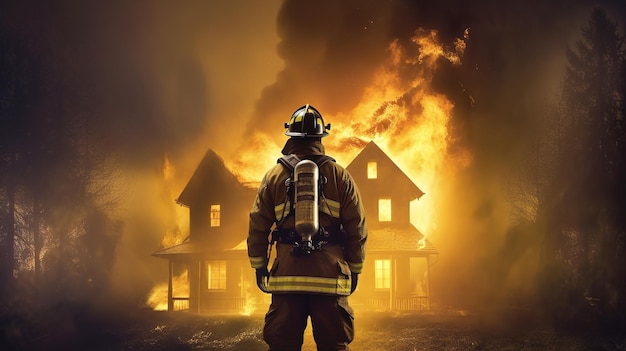 Fireman in front of a burning house