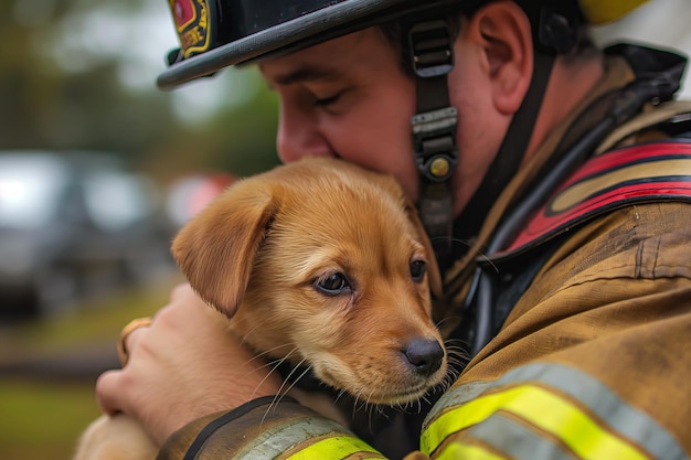 Fireman rescuing puppy from house fire