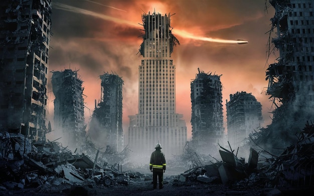 a fireman stands in front of a building that has the word fire on it