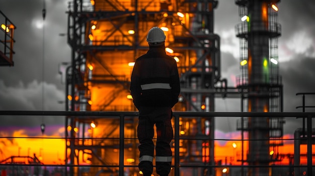 a fireman stands in front of a large industrial building with flames in the background