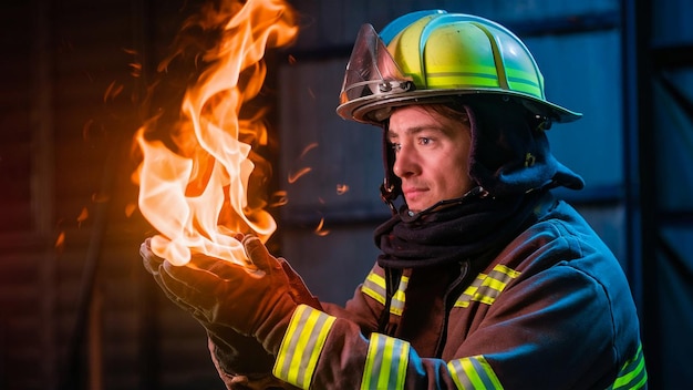 a fireman wearing a firemans helmet and fire suit is holding fire flames