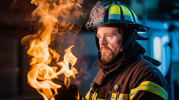 a fireman wearing a firemans helmet and a firemans helmet