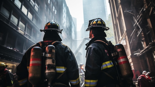 Fireman wearing his uniform with a fire extinguisher on a street