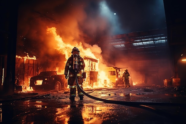 Fireman wearing professional uniform extinguish burning