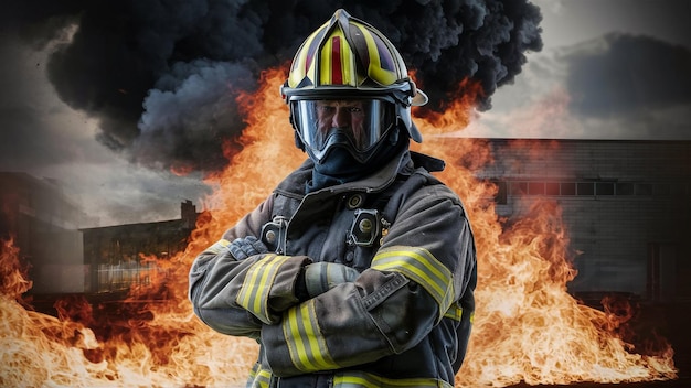 a fireman with a firefighter standing in front of a burning building