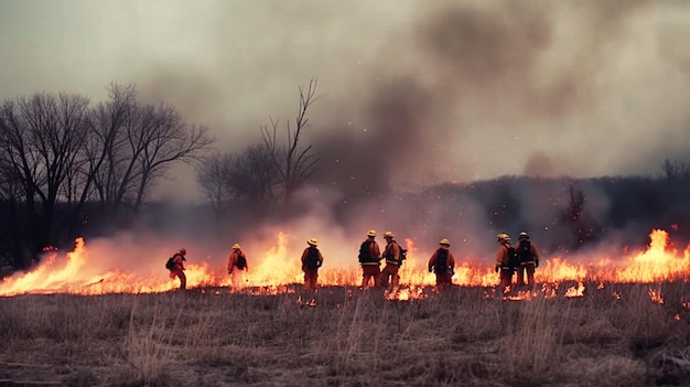 Firemans wearing firefighter turnouts and helmet Dark background with smoke and blue light Generative AI