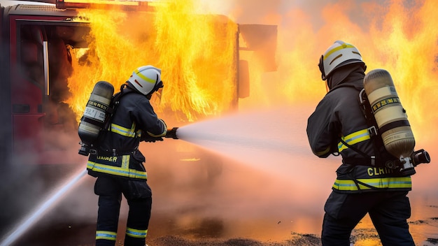 Firemen are fighting a fire with a hose