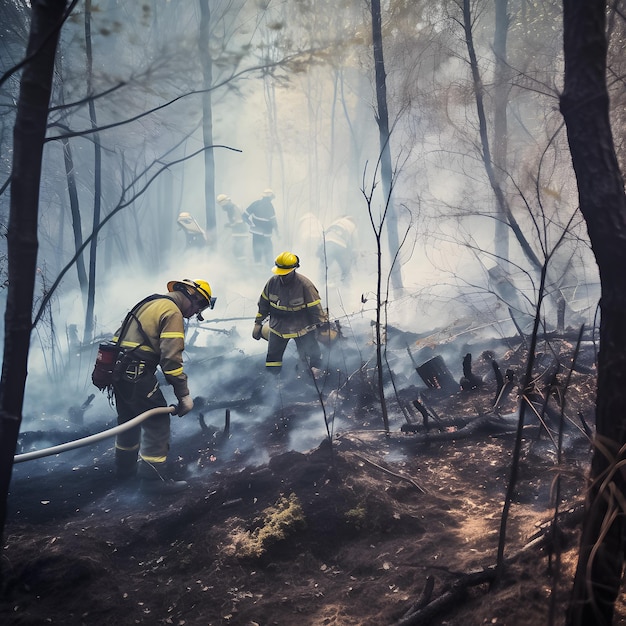 Firemen in a forest with a hose on their back