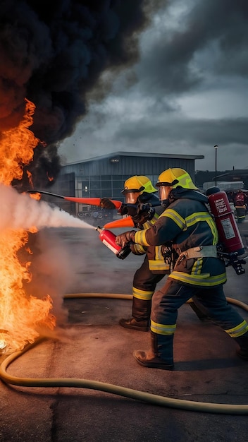 Firemen using extinguisher and water from hose for fire fighting at firefight training